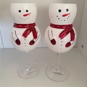 Snowman Hand Painted Wine Glass Set Of 2 - Festive Holiday Design new